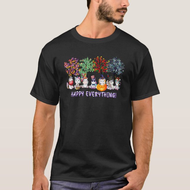 Happy Everything Unicorn Seasons All Year Tree T-Shirt (Front)
