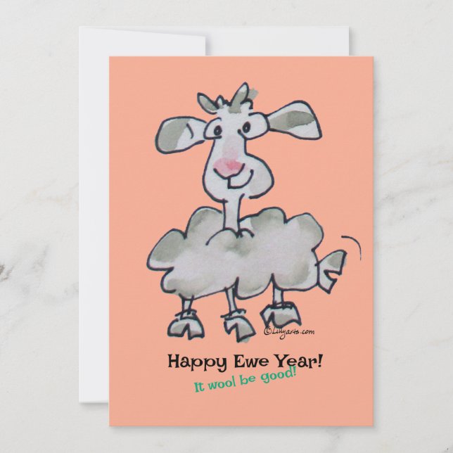 Happy Ewe Year! It wool be good Cartoon Sheep  Holiday Card (Front)
