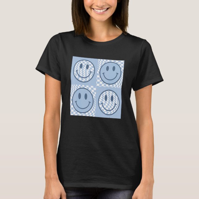 Happy Face Chequered Pattern Smile Face Meme Trend T-Shirt (Front)
