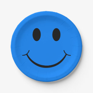 Happy Face Graphic Neon Blue Paper Plate
