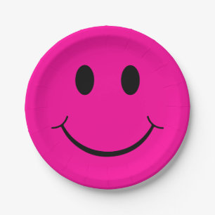 Happy Face Graphic   Neon Pink Paper Plate