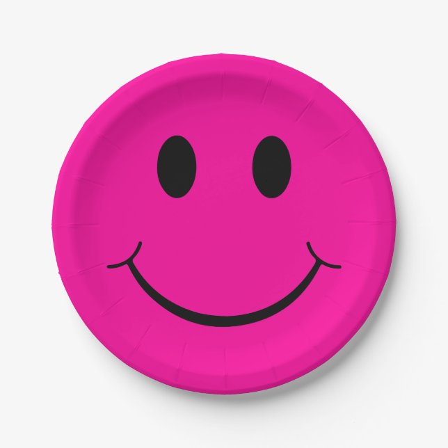 Happy Face Graphic | Neon Pink Paper Plate (Front)