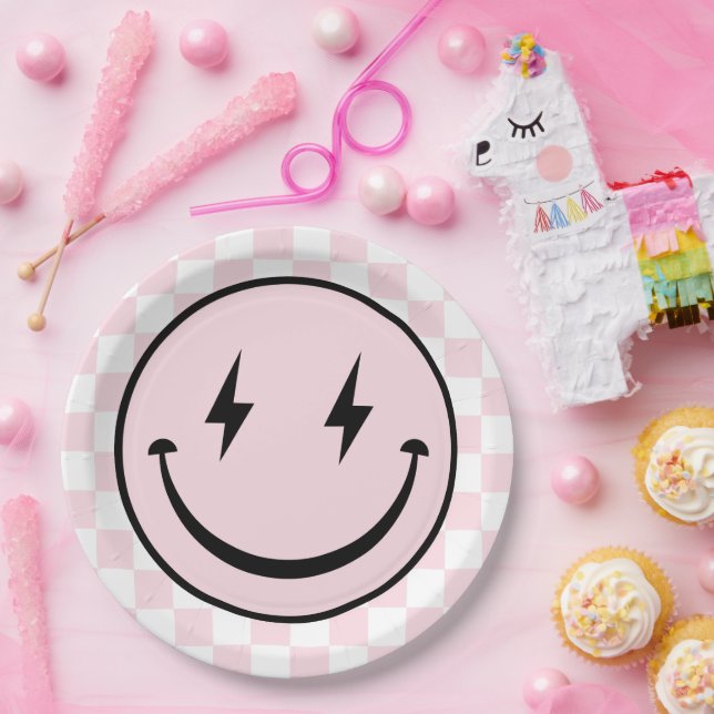 Happy Face Groovy Pink Girl Birthday Paper Plate (Party)