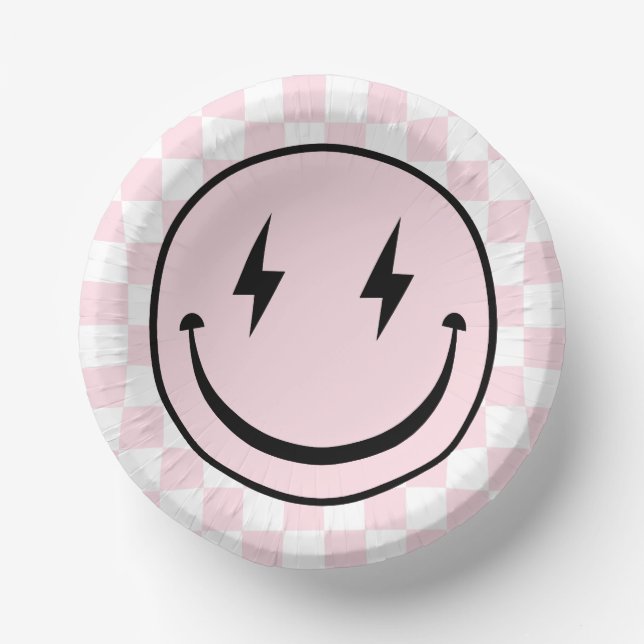 Happy Face Groovy Pink Girl Birthday Paper Plate (Front)