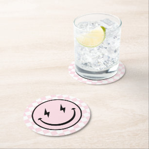 Happy Face Groovy Pink Girl Birthday Round Paper Coaster