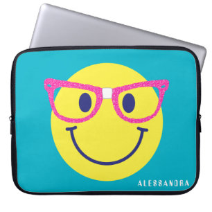 Happy Face Nerd Teal & Pink Personalised Laptop Sleeve