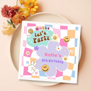 Happy Face Smile Groovy Chequered Birthday Napkin