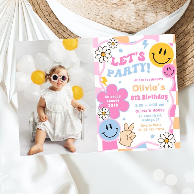 Happy Face Smile Groovy Chequered Birthday Photo Invitation (Creator Uploaded)