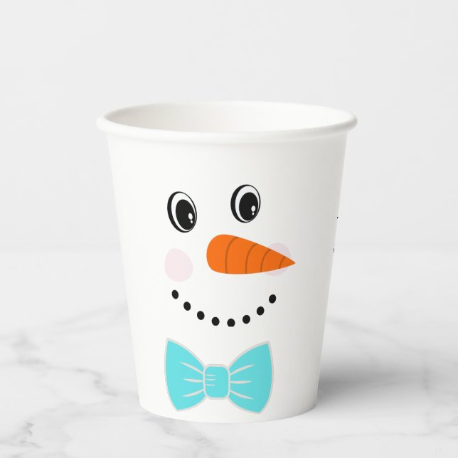 Happy Face Snowman Teal Blue Bowtie  Paper Cups (Front)