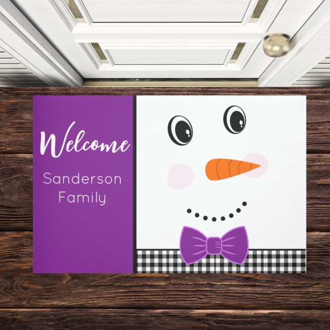 Happy Face Snowman with purple Bowtie  Doormat (Creator Uploaded)