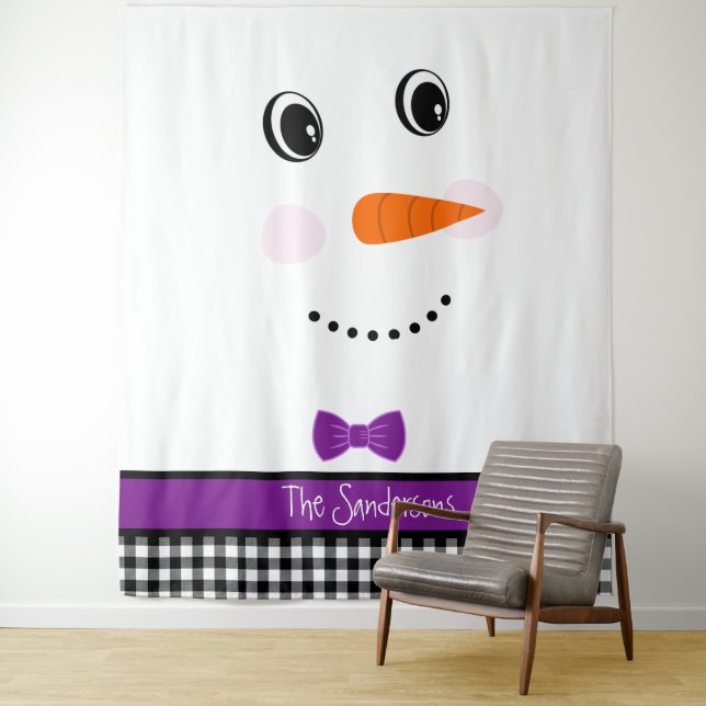 Happy Face Snowman with purple Bowtie  Tapestry (In Situ)