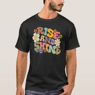 Happy Face With Floral Rise And Shine Groovy Retro T-Shirt