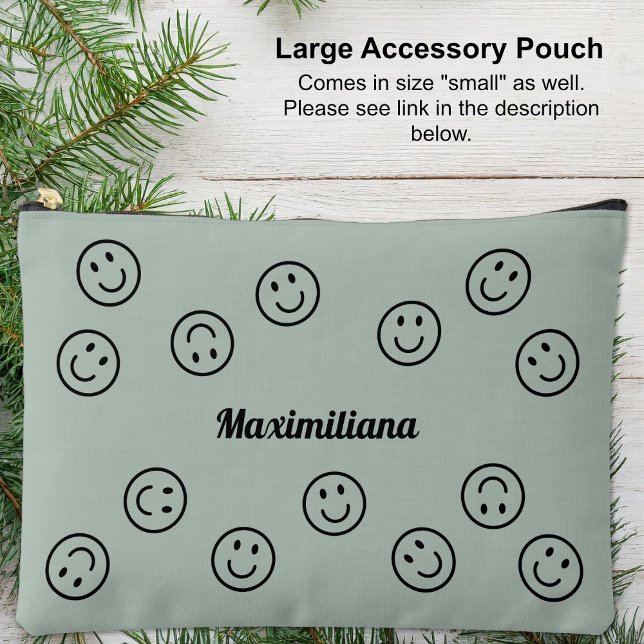 Happy Faces Black on Green - LARGE Accessory Pouch (Large Accessory Pouch - Happy Faces Black on Green by Leapfroglisics Shop)