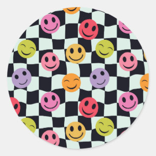 Happy Faces on Warped Black and White Chequerboard Classic Round Sticker