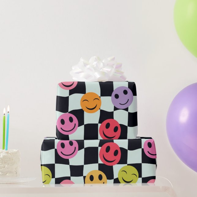 Happy Faces on Warped Black and White Chequerboard Wrapping Paper (Party Gifts)