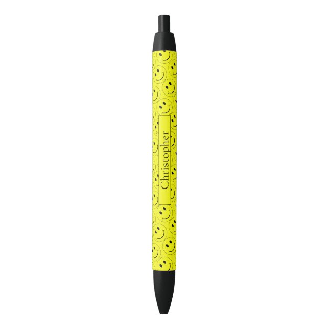 Happy Faces Yellow Fun Add Name Black Ink Pen (Front Vertical)