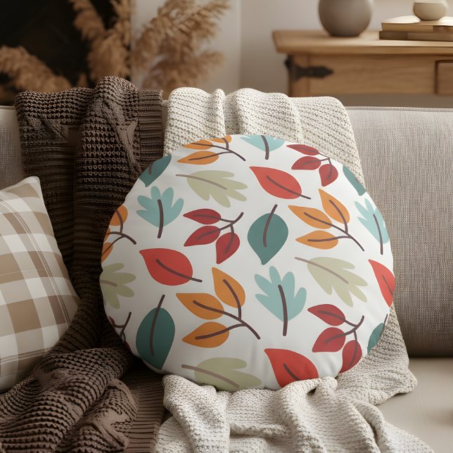 Happy Fall Autumn colourful leaves pattern Round Cushion (fall leaves pattern round pillow)