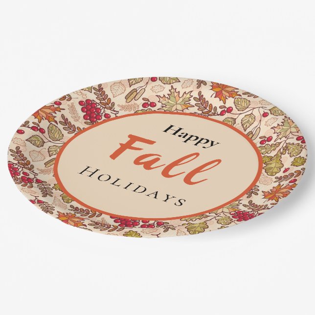 Happy Fall Autumn Leaves Red Berries Digital Art Paper Plate (Angled)