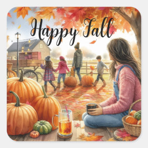 Happy Fall Autumn Pumpkins Square Sticker