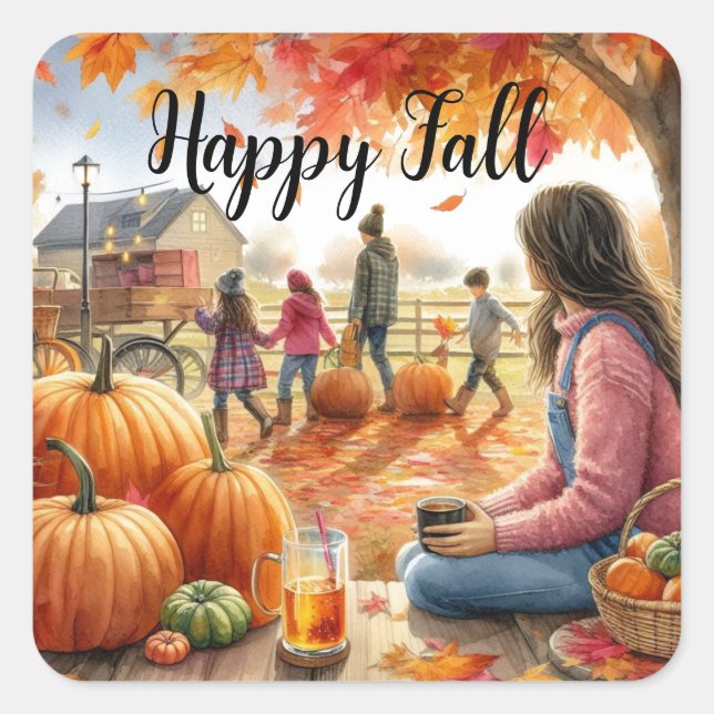 Happy Fall  Autumn Pumpkins  Square Sticker (Front)