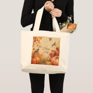 Happy Fall, Autumn Season , Thanksgiving Pattern Large Tote Bag