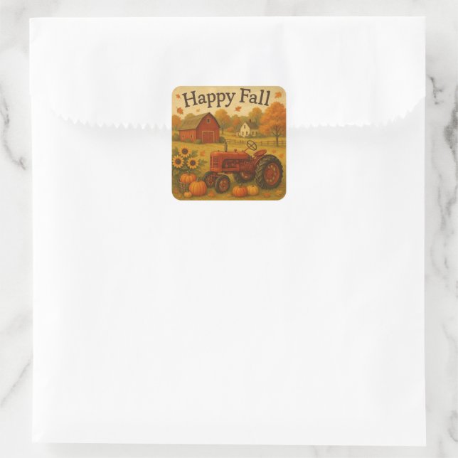 Happy fall classic tractor and farm square sticker (Bag)