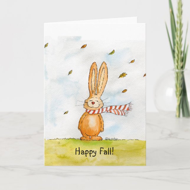 Happy Fall - Cute Autumn Greetings with Bunny in t Card (Front)
