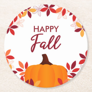 Happy Fall Cute Colourful Leaves Pumpkin Frame Round Paper Coaster