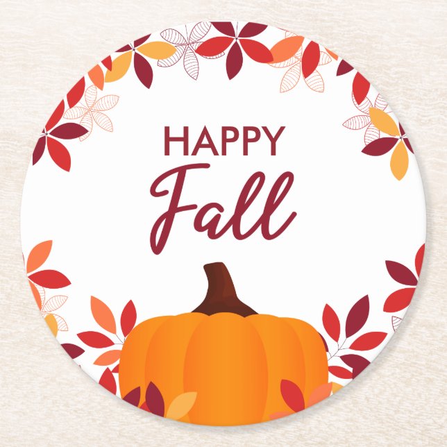 Happy Fall Cute Colourful Leaves Pumpkin Frame Round Paper Coaster (Front)