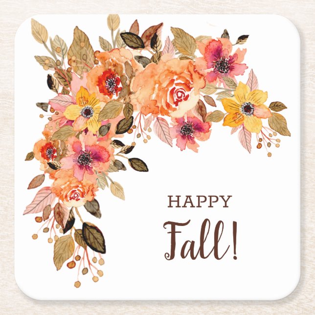 Happy Fall Flower Blooms Square Paper Coaster (Front)