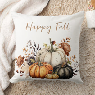 Happy Fall Flowers and Pumpkins Watercolor Autumn Cushion