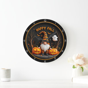 Happy Fall Gnome Ghost Autumn Scene Large Clock