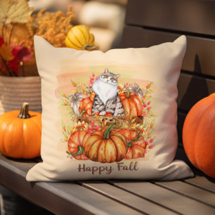 Happy Fall Grey White Cat Rustic Orange Pumpkins Cushion
