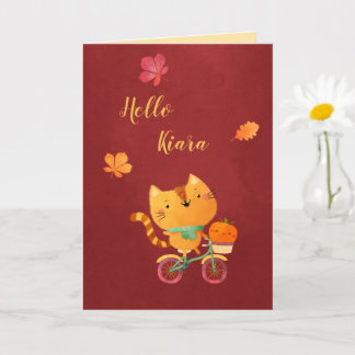 Happy Fall Halloween Thanksgiving Bike Cat Pumpkin Card