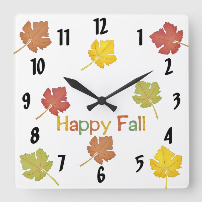 Happy Fall Leaves Square Wall Clock (Front)