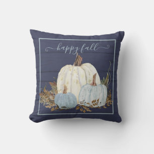 Happy Fall Navy Blue White Pumpkins Rustic Wood Cushion