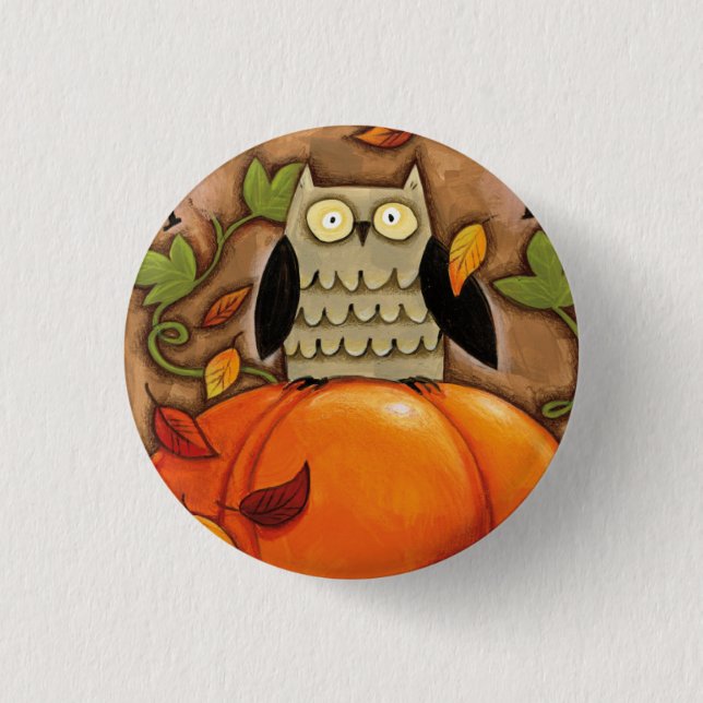 Happy Fall Owl and Pumpkin 3 Cm Round Badge (Front)