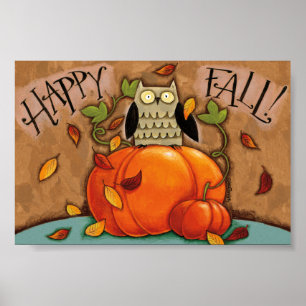 Happy Fall Owl and Pumpkin Poster