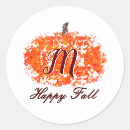 Happy Fall Personal Family Monogram Pumpkin Leaves Classic Round Sticker