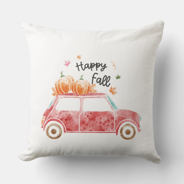 Happy Fall – Pink Car with Pumpkins Autumn Cushion (Front)