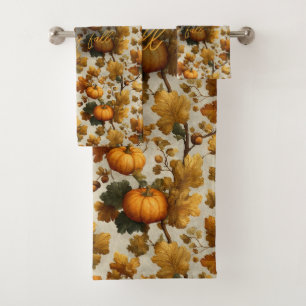Happy Fall Pumpkin Leaves Design Bath Towel Set