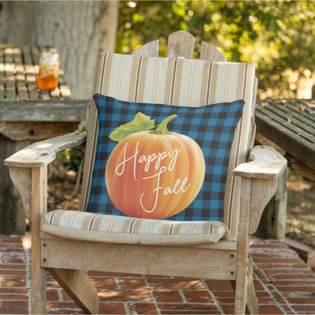 Happy Fall Pumpkin On Blue Black Check Pattern Cushion (Chair)