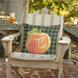 Happy Fall Pumpkin On Green Black Check Pattern Cushion