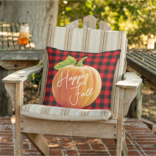 Happy Fall Pumpkin On Red Black Check Pattern Cushion