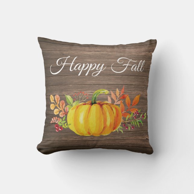 Happy Fall Rustic Watercolor Pumpkin Cushion (Front)