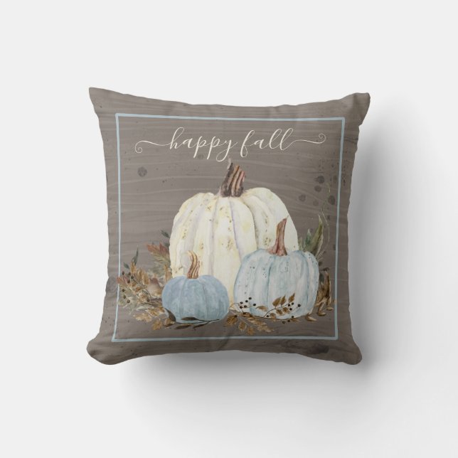Happy Fall Script Blue White Pumpkin Rustic Leaves Cushion (Front)