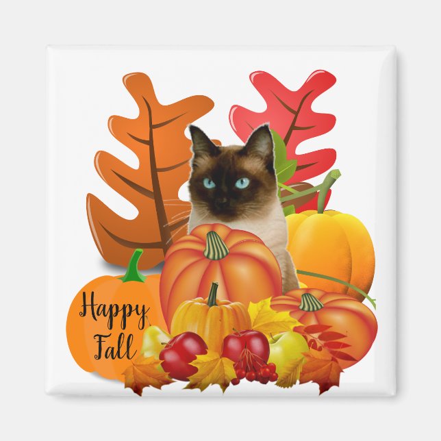 Happy Fall Siamese Cat in Pumpkin Patch Fridge  Magnet (Front)