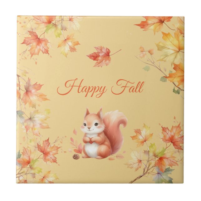 Happy Fall Squirrel in Leaves Ceramic Tile (Front)