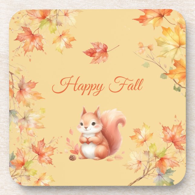 Happy Fall Squirrel in Leaves Coaster (Front)