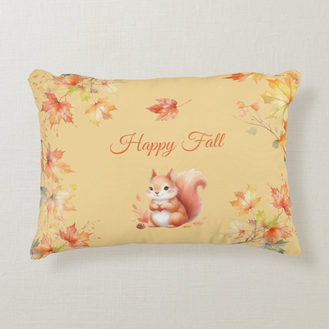 Happy Fall Squirrel in Leaves Decorative Cushion (Front)